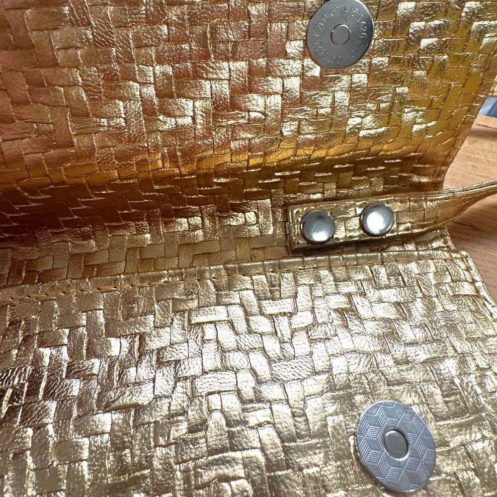 Gold Woven PU Vegan Leather Metallic Lined Convertible Clutch Removable Strap - Picture 9 of 10